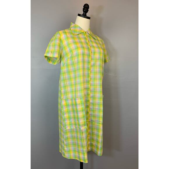 Vintage 1960s Neon Pastel Plaid Shirt Dress House Dress Dagger Collar Zip Front - Picture 7 of 9